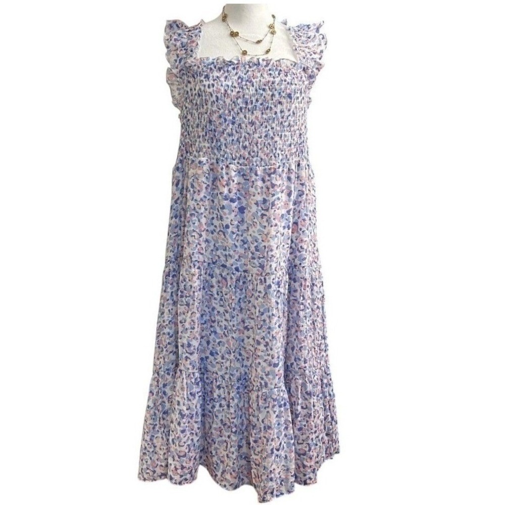 Nanette Lepore Midi Dress Summer 14 Blue Pink Boho Tiered Smocked Ruffle - Picture 1 of 9